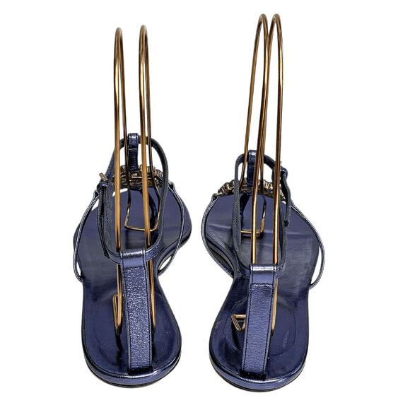 Gucci Crystal GG T-Strap Flat Sandals EU 37 US 7 Blue Metallic Interlocking G - Picture 7 of 9